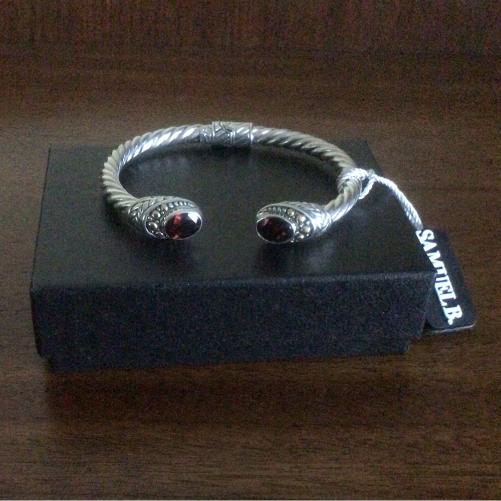 Samuel B. Sterling Silver & 18K Gold  Twisted Cable Bangle with Garnet Accents